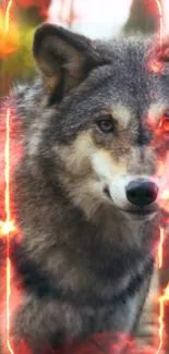 A wolf surrounded by flames, creating a dynamic and fierce mobile wallpaper design.