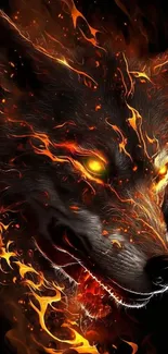 Fiery wolf with glowing eyes mobile wallpaper.