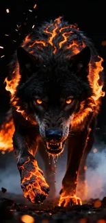 A wolf surrounded by flames, eyes glowing.
