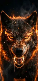 A fierce wolf engulfed in fiery flames.