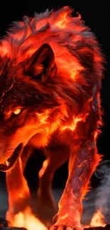 A fierce, fiery wolf surrounded by flames and smoke.