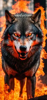 Fierce wolf surrounded by flames in forest.