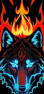 Neon wolf with vibrant flames on black background.