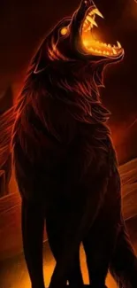 Fiery orange wolf howling at night wallpaper.