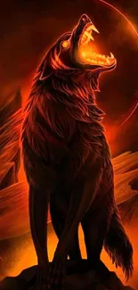 Fiery wolf with a glowing aura under a red background.