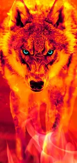 Fiery orange wolf surrounded by flames, ideal for a striking phone wallpaper.