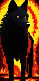 Black wolf in pixel art surrounded by fiery flames.