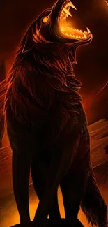 Fiery wolf roaring with glowing eyes in dynamic artwork.