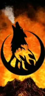 Fiery wolf silhouette against orange flames background.