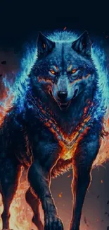 A fiery blue and orange wolf in a dynamic design.