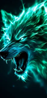 Fiery teal wolf spirit with glowing energy aura.