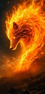 Fiery wolf spirit igniting in vibrant orange flames, illuminating the darkness.