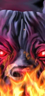 Fiery wolf with glowing red eyes and flames in dynamic mobile wallpaper.