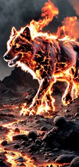 Fiery wolf with flames roaming through a volcanic terrain.