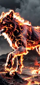 Fiery wolf standing in an ash-filled landscape with a dark sky.