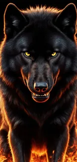 Fierce black wolf surrounded by flames.