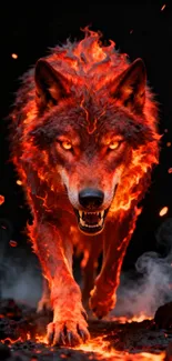 Fiery wolf with flames as a mobile wallpaper.
