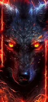 Fierce wolf with fiery orange eyes against a dark background.