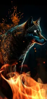 Artistic mobile wallpaper of a wolf surrounded by flames.