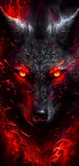 Fiery wolf with glowing red flames on a dark background.