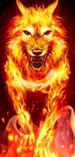 Fiery wolf running with vibrant flames.