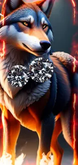 Fiery wolf with diamond eyes in a glowing, flame-filled setting.