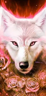 White wolf with fiery flames and roses.