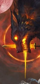 Fiery wolf with glowing eyes and sword set in dark fantasy art style.