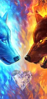 Fiery and icy wolves with heart in center