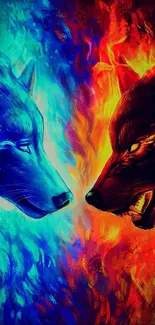 Fiery and icy wolves facing off on a vibrant, colorful background.