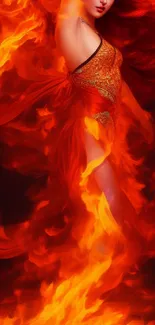 Fiery woman surrounded by vibrant orange flames.