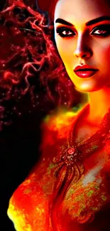 Fantasy art of a fiery woman with red flames and a mystical aura on a phone wallpaper.