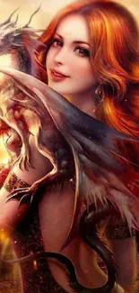 Fantasy art of fiery-haired woman with a dragon on her shoulder.