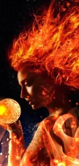 Fiery woman with flame hair holding a burning orb.