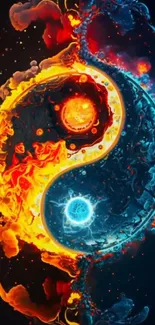 Fiery red and blue yin-yang abstract with vibrant details.