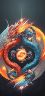 Intertwined fiery red and blue dragons forming a yin yang symbol.