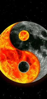 Fiery yin yang symbol with cosmic background.