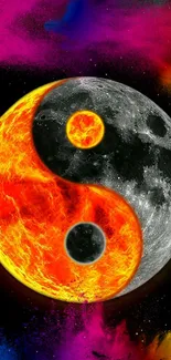 Fiery Yin Yang against a cosmic black galaxy background.