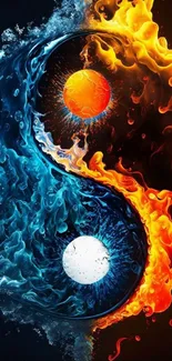 Yin Yang symbol with fire and water elements in vibrant colors.