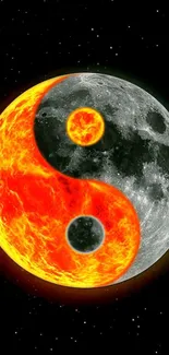 Fiery Yin Yang mobile wallpaper with moon and flames.