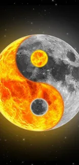 Fiery yin yang symbol on mobile wallpaper with gold and silver tones.