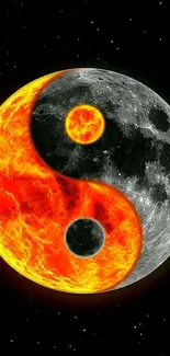 Fiery Yin Yang design with moon and fire elements on black background.