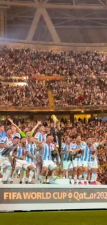 Argentina team celebrating FIFA World Cup 2022 victory on stage.