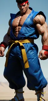 Anime fighter in blue gi with desert backdrop, dynamic mobile wallpaper.