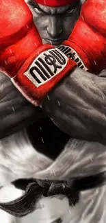 Martial artist with red boxing gloves, striking pose.