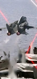 Fighter jet taking off from an aircraft carrier over the ocean.