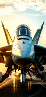 Fighter jet on runway at sunrise with a golden sky.