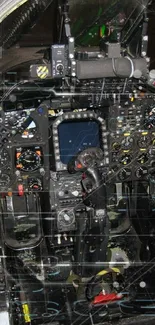 Detailed view of a fighter jet cockpit with advanced controls and displays.