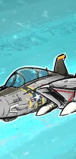 Illustrated fighter jet soaring in aqua-themed sky background.