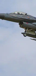 Fighter jet flying high in a clear blue sky, showcasing power and speed.
